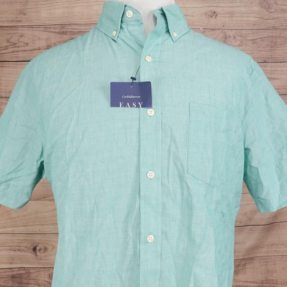 New! Croft & Barrow Shirt Mens L Green Short Sleeve Button-Up Easy Care Collared